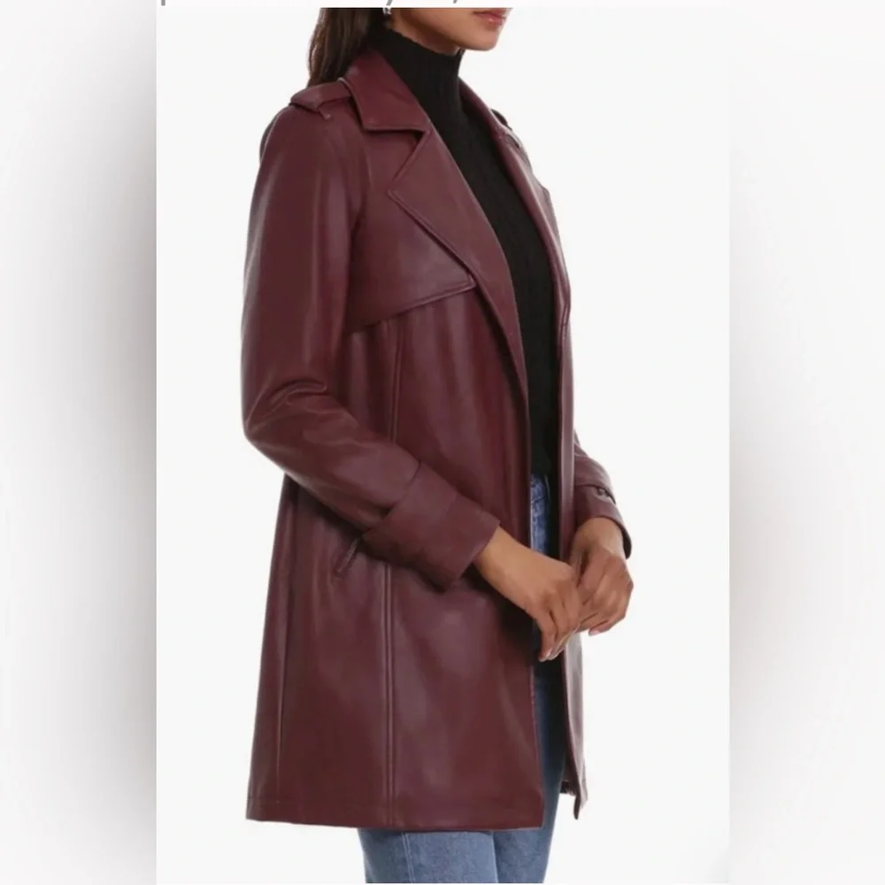 NWT-Bagatelle Open Front Faux Leather Trench Coat - Medium - Zinfandal - Picture 3 of 11